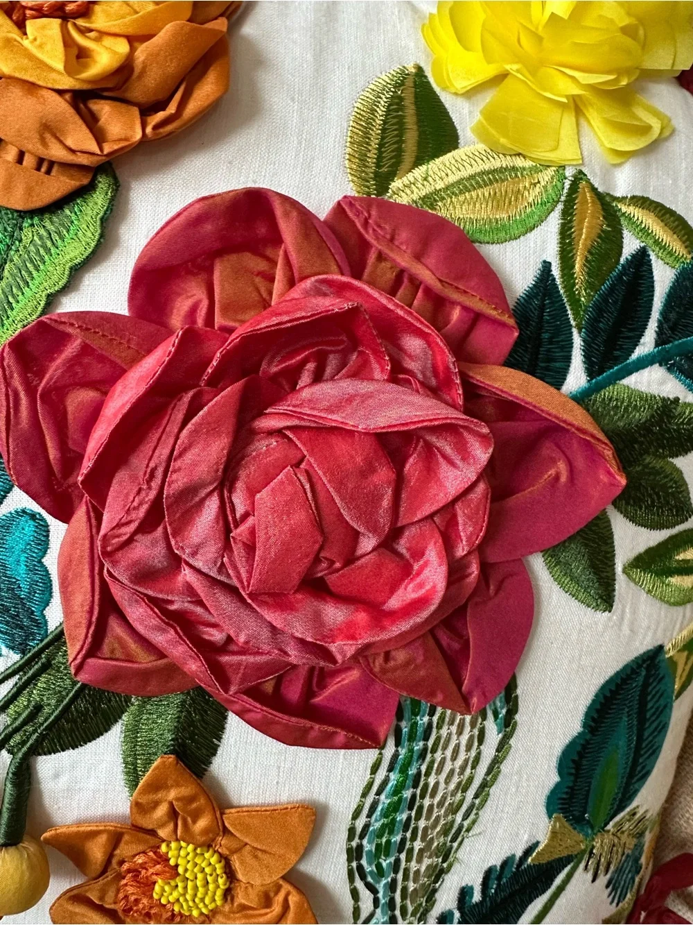Mackenzie Childs Embroidered Floral Pillow w/3D Appliqué Red, Yellow, Green